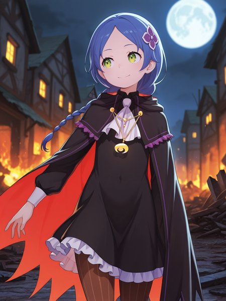 <lora:Meili Illu_1:1>1girl, solo, 
4ssassinmeili, blue hair, green eyes, long hair, single braid, 
black dress, brown pantyhose, vertical-striped pantyhose, frills, white ascot, black cloak, cape, two-sided fabric, crescent pendant, flower hair ornament, 
standing, looking to the side, full moon, night, burning village, closed smile, ruined buildings, depth of field, cowboy shot,, masterpiece, best quality, amazing quality