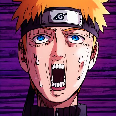 score_9, score_8_up, score_7_up, score_6_up, score_5_up, score_4_up,  <lora:Naruto:0.8>  uzumaki_naruto, blonde hair, forhead protector, konohagakure symbol, whisker markings, blue eyes, jacket, orange pants, <lora:Mob_Psycho_funny_face-000008:1>, mob_psycho_funny_face, male focus, open mouth, snot, exaggerated expression, impact lines, teeth, sweat, meme parody, Distorted purple background