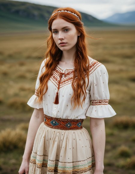 RAW full body analogue photo of a beautiful 20 years old woman, clear focus, 8K,pale skin (Auburn-hair Icelandic woman), freckles, freckles all over body, realistic freckles,Punk-Cosplay, A micro-hippie girl with a tiny, delicate doll-like body, dressed in a tiny peasant blouse adorned with intricate swirling patterns of golden threads and bright, shining jewels. Her flowing, tiered skirt is made of sheer, gauzy fabric, with microscopic patterns throughout. A tiny, delicate headband sits on her hair, woven with glittering beaded material, and a miniature rainbow of beads rests on her attire.