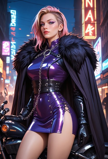 score_9, score_8_up, score_7_up, score_6_up, adult woman, solo, L4DY , Neon punk biker on a cyber-enhanced motorcycle, wearing a reflective jacket with LED accents, side fade with neon streaks, digital art by Syd Mead  (chain leash), purple dress, cincher,  armor, cloak, fur trim, gloves, <lora:LOW-60-PDXL:0.8>