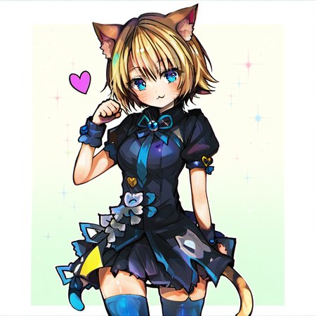1girl,animal ears, blonde hair, blue eyes, cat ears, cat tail, cowboy shot, heart, kemonomimi mode, short hair, solo, tail, thighhighs, zettai ryouiki,