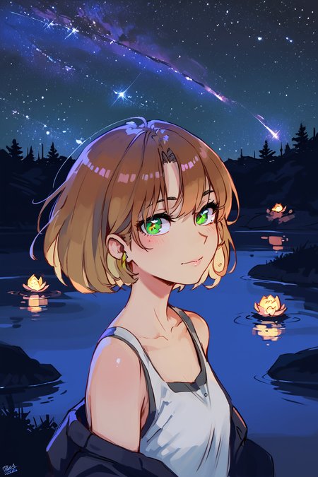 PDXL, source_anime, <lora:MusshuV1:1>, mu55hu, 
giant lake, night sky, stars, galaxies, 
volumetric reflections, volumetric shadows, HDR, shot on Canon DSLR
