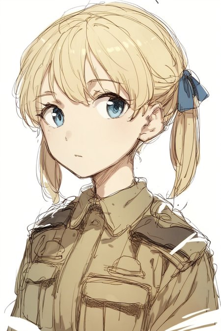 score_9, score_8_up, score_7_up, score_6_up,
 <lora:Kubikiri:1> kubikiri, 1girl, solo, blonde hair, white background, blue eyes, simple background, military, looking at viewer, military uniform, hair ribbon, ribbon, uniform, sketch, cute