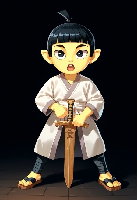 score_9, score_8_up, score_7_up, highly detailed, CuteCartoonStyle, cute, Score_9, Score_8_up, Score_7_up   <lora:Young Samurai Jack:1>,youngjack, fair skin, topknot, short black hair, black eyes, male, weapon, sword, 1boy, solo, male focus, black hair, wooden sword, yellow skin, open mouth, black eyes, holding, colored skin, white kimono, full body,, front view