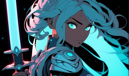 sword focus, masterpiece, best quality, 1girl, solo, futuristic, holding sword, intricate, over the shoulder, looking at viewer, black background, simple background, glow in the dark, sci-fi, multicolored hair, aqua eyes, warrior