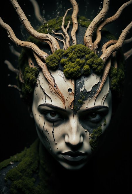 rootform, extreme head Closeup, a pristine white birch tree knightess with billowing Hair Made of branches with Green leafs and an lower Body Made of roots coming from the ground, Mossy birch Forest, intricate black and White birch bark, atmospheric backlight, Piercing Look at viewer, vibrant light-blue eyes
