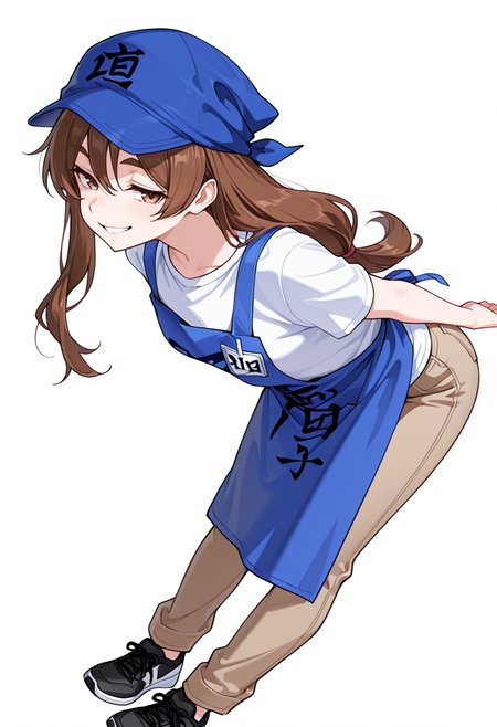 masterpiece,high quality details, absurdres,
 <lora:Natsuno_Yamada:0.8>
natsuno_cnr, 1girl, brown hair, long hair, hair between eyes, brown eyes, thick eyebrows,low-tied long hair,
employee uniform, white shirt, short sleeves,blue apron,brown pants, blue headwear,black sneakers, clothes writing,, simple background, white background, dutch angle,solo,, crazy smile,seductive smile,, bent forward at waist,body curled sideways,dynamic energy,