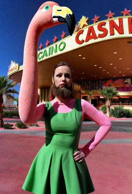 a lady with a beard like a man standing in front of a casino in Las Vegas next to a green flamingo, 8kUHD 4k HD, Hyper realistic, photography