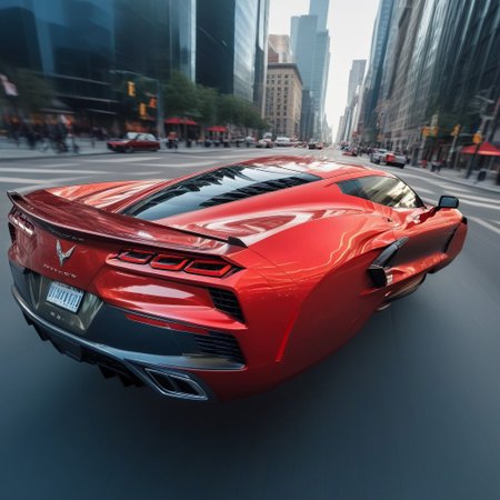 photo of red hover (2020 Chevrolet Corvette sport car), nowheels, science fiction, scifi, futuristic, futuristic city,  flying, soaring,