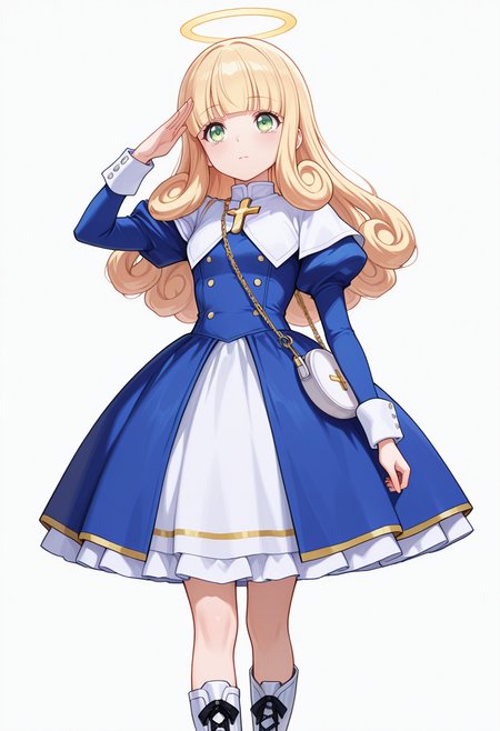 Smooth Quality,masterpiece,very intricate, high quality details, ultra realistic, high detailed skin,detailed enviorement,absurdres,
salute,
 <lora:Poporon_CNR:0.8> poporon_cnr, 1girl, blonde hair, long hair,blunt bangs, green eyes, poporon_cnr_def, blue dress, long sleeves, puffy sleeves,cross,handbag, knee boots, halo,curly hair,, tears,, simple background, white background, dynamic angle,solo,