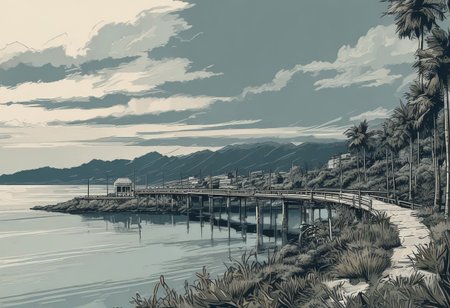 tropical beach, black hair, blue sky, boat, bridge, building, city, cityscape, cloud, cloudy sky, condensation trail, day, field, grass, hill, horizon, house, mountain, mountainous horizon, ocean, outdoors, power lines, road, ruins, scenery, sky, solo, sunrise, sunset, tree, twilight, water, Commodore, pixel, <lora:Commodor_64_Pixel:1>