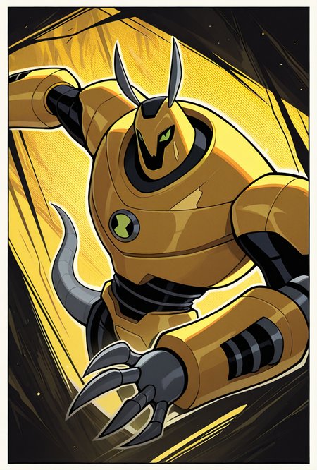 <lora:armadrillo-09:1> armadrillo, robot, claws, yellow armor, grey tail, antennae,  green eyes, yellow background,, masterpiece, best quality, amazing quality, very aesthetic, absurdres, newest,, upper body, halftone effect, white borders, abstract background:1.2,