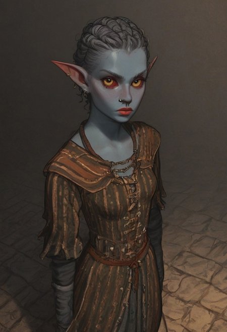 safe_pos, solo, short pointy ears, piercings, random elf face, aquiline features, female dark elf, brow rings, nose rings, beaded piercings, weathered skin, large nose, insect chitin armor, insect chitin helmet, insect chitin ornaments, stylized insect pattern, athletic build,  animated realism, zoomed out, Syrian features, torso, brass pipes and gears, intricate architecture, dwarven masonry, dwemer fixtures, white-green light, gloomy lighting, ancient ruins, interior, stone tiled floor, grey-blue skin, mahogany and ivory clothes, medium armor, bone plate armor, ivory straps and fittings, alien bone ornaments, grey wood neckguard, red sclera, black pupils, blue-green light, neon, highly detailed, defined features, looking at viewer, three quarters view, from above, dynamic lighting, 19 years old, light and shadows, patterned cloth, annoyed expression, expressive eyes, detailed medieval clothes, medium_breasts, short hair, wavy hair, thick hair, beaded hair, braided hair, under cut hair, semirealistic, alien elf, spanish features, jewish features, white grey hair, dark red hair, umber skin, sharp features, pastel green inuit print cloak, nighttime, high detail, absurdres, pretty eyes, detailed eyes, yellow eyes,