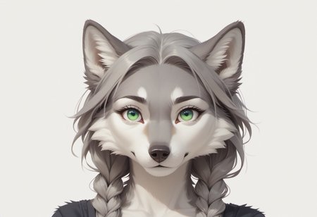 score_9, score_8_up, score_7_up, score_6_up, female Anthro, White Cheeks, gray fur, green eyes, beautiful eyes, wolf tail, Gray Hair, Gray Twinbraids, adult female, eye focus, disambiguation