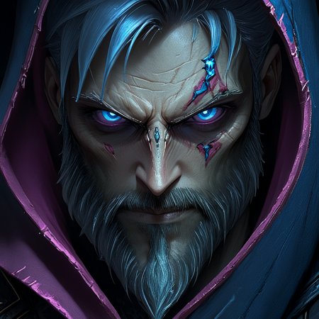 <lora:Crimson_LuminarySDXL:1> ArsMJStyle, Crimson Luminary, The image shows an animated man with blue eyes and a beard wearing a red hoodie set against a dark background. He appears to be a character from the game Diablo III Reaper of Souls as indicated by the title of the image "Darksiders II Deathinitive Edition"., 1boy, solo, male focus, facial hair, beard, realistic, looking at viewer, hood, scar, portrait