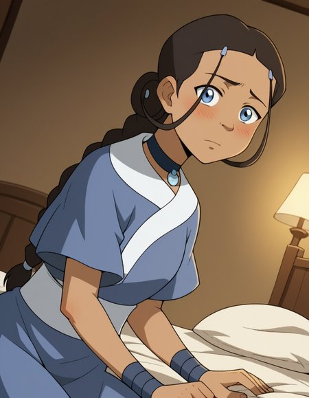 score_9, score_8_up, score_7_up, source_anime, <lora:katara-book2-ponyxl-lora-nochekaiser:1>, katara, long hair, blue eyes, brown hair, black hair, hair ornament, hairclip, braid, single braid, braided ponytail, dark skin, dark-skinned female, choker, short sleeves, robe, blue robe, sash,, indoors, bed, bed room, on side, blush, drunk, looking at viewer, solo, cowboy shot, dutch angle