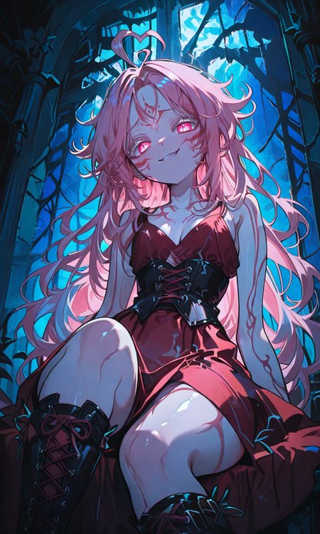 masterpiece,best quality,absurdres,very aesthetic,very awa,highres,newest,year 2024,year 2023,<lora:NLSTN-IL_1412568:1>,nlstn,glowing,dark,<lora:illustrious_quality_modifiers_masterpieces_v1_956369:0.7>,<lora:ponyv4_noob1_2_adamW-000017:0.7>,<lora:spo_sdxl_10ep_4k-data_lora_webui:0.6>,<lora:add-detail-xl:0.9>,<lora:KonyaKarasue-000008:0.4>,<lora:Isha_Illus_XL_1131795:0.6>,ishaILXL,heart ahoge,pink eyes,skinny,multicolored hair,white hair,pink hair,24 yo,24 year old girl,(white eyelashes:1.2),dynamic background,detailed,womb tattoo,dynamic_angle,flat chest,looking at viewer,facial mark,
1girl,solo,messy bangs,cleavage,long hair,medium breasts,(goth:1.1),knee up,stockings, knee boots, straps, laces,strapped boots,red dress,long dress,black corset BREAK mansion,indoors,shiny skin,from below, face focus, close-up:1.4,reclining,hq shading, hq lighting, detailed skin, wide hips:1.2,dutch angle, night, warm light:1.2,(smug:1.1),