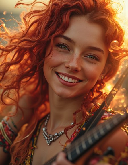 Create an ultrarealistic portrait of a captivating bard with flowing auburn hair and tender green eyes ablaze with intense passion, holding an enigmatic yet fiery gaze that captivates the viewer. She is laughing heartily, her wide-open smile radiating pure joy, with her eyes crinkling at the corners, and her head slightly tilted back in a moment of uncontainable laughter. The bard plays an enchanting melody on her instrument as sunlight streams through her flowing hair, creating a halo effect, lens flare, while sparkling particles dance in the warm golden light, adding a magical quality to the atmosphere. She wears a flowing, vibrant dress adorned with intricate floral patterns that shimmer in the light, complementing the hues of the sunset sky. Around her neck, she sports a delicate silver necklace adorned with intricate charms that glimmer in the light, and her wrists are adorned with beaded bracelets that jingle softly with every movement. Capture the scene from a 'bug's-eye view' perspective to enhance the sense of wonder. Depict the intricate details of the musician's facial expressions, the delicate interplay between the instrument's strings, and the vibrant sunset sky reflecting off the glossy wood. This portrait emphasizes the intensity of her joy, where the interplay between light and shadow magnifies the vibrant energy in her expression and the intricate details of her complexion, creating an emotional gradient that suggests time has paused to listen to the bard's timeless tale. <lora:ImageUpgraderV2:0.55> photo, professional, realistic, detailmaximizer  <lora:ARTifacts:0.6> art1fact