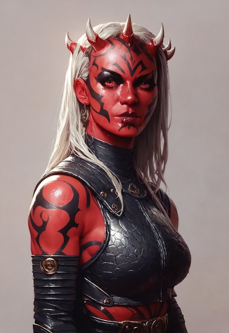 (score_9, score_8_up), score_7_up, AH_Hayez oil painting portrait,  female Dathomirian red Zabrak alien wearing jedi robes over heavy armor, many small white horns