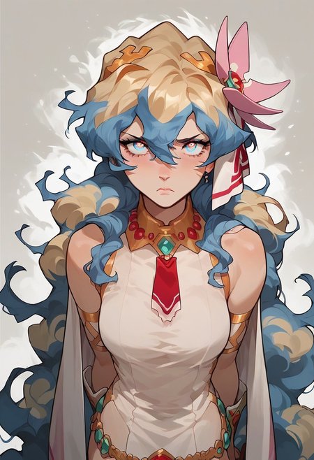 score_9, score_8_up, score_8. score_9, score_8_up, score_7_up, score_6_up, masterpiece, 4k, high quality, (best quality:1.1), ExpressiveH,
1girl, nia teppelin,blue eyes,cross-shaped pupils,multicolored hair,two-tone hair,long hair,hair flower,solo, exotic goddess of randomness, white eyes, lanky body type,bare meium breasts, very dark-skinned, serious expression, absurdly long hair, braided with multiple gold rings, white hair with silver tips, wearing a divine cape that shifts between fabric and light, golden wristbands with shifting symbols, standing in a mirrored hall where reality bends,angle view