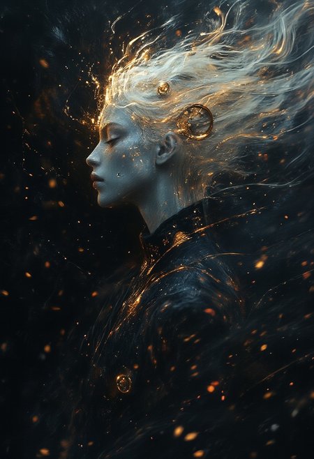 Aura Obscura, set against a backdrop of swirling shadows, an albino woman with pale, almost luminescent skin and a faint blue tint stands poised like a mythical figure. The steampunk aesthetic envelops her, with elaborate gold gears and cogs artistically integrated across her face and neck, lending an otherworldly quality. Her serious expression and large, round goggles conceal her eyes, suggesting depth and story beneath the surface. The scene is drenched in a moody atmosphere, with a pronounced light source from the left side creating a dramatic interplay of light and darkness, accentuating the gleam of metal and the softness of her skin, making the entire composition a striking blend of elegance and mystery.  <lora:xjie_Black gold:0.4>  <lora:Fantasy Flux:0.4> <lora:Don't Stop Me Now:0.4> d0ntst0pm3n0w