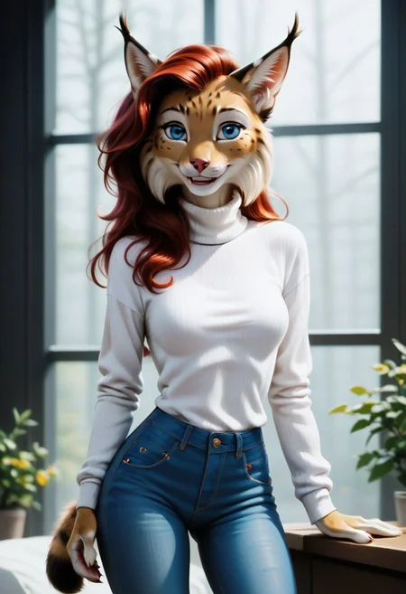 digital_media_(artwork) hi_res, score_9, score_8_up, score_7_up, score_6_up, source_furry, rating_safe, anthro, furry, female, furry female, detailed textured fur, fur tufts, lynx, red hair, blonde brown fur, spots, beautiful blue eyes, medium breasts, covered breasts, slim, slender, turtleneck sweater, denim jeans, smile, SFW,
