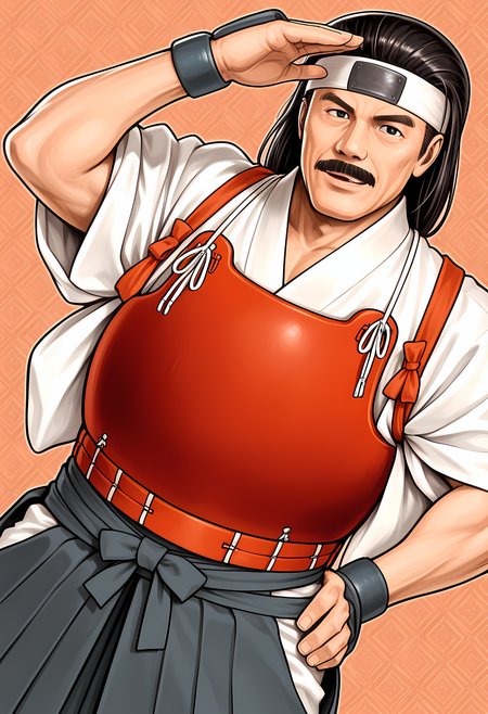 masterpiece, best quality, amazing quality, dutch angle, abstract background, BREAK
1boy, solo, male focus, mature male, aof_todoh, black hair, headband, black eyes, mustache, facial hair, japanese armor, hakama, BREAK
<lora:cfg_scale_boost:.6>  <lora:Ryuhaku_Todoh_-_Art_of_Fighting_-_ILXL:1>