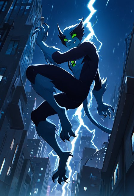masterpiece, best quality, amazing quality, very aesthetic, absurdres, newest,, detailed background, 
fastrack, solo, blue skin, green eyes,  claws, green badge, fang,, feline tail,  wide jaw, masculine, blue chest, digitigrade legs,
jumping from building, smile, falling, thunder, lightning, night city, city view, from bottom, close up shot,