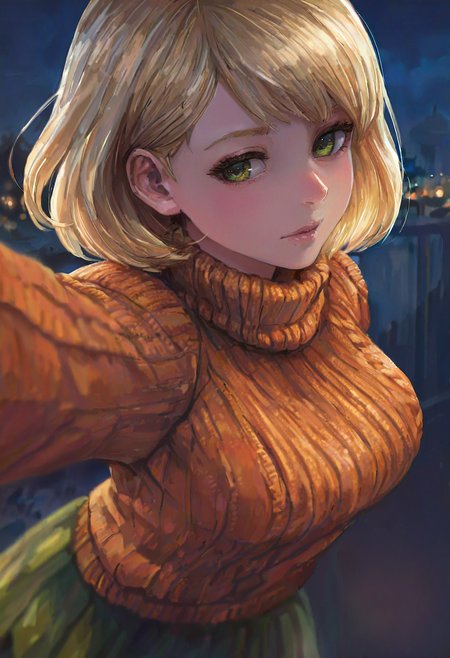 1girl, solo, ashley graham, orange sweater, green skirt, depth of field, night, 
masterpiece, best quality, <lora:miche-guy90-Illust-Lycorisv1:1>, miccceh