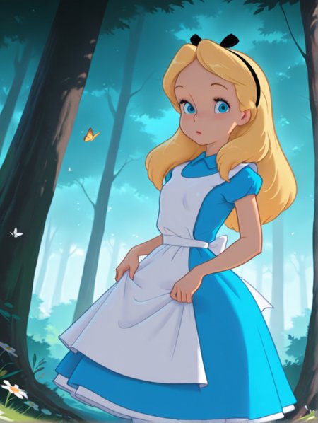 masterpiece, best quality, amazing quality, very aesthetic, absurdres,  newest, detailed background, outdoors, dynamic angle, forest, butterflies, 4k, 8k, 
alicexd, 1girl, solo, blonde hair, long hair, hairbow, blue dress, apron, bow, cowboy shot, white tights, small breasts,  looking at viewer, blue eyes, smilke
<lora:Alice_-_Disney_Illustrious:1>