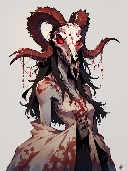 score_9, score_8_up, score_7_up, score_6_up, score_5_up,  <lora:wendigoXLP:1> wendigo, horns, 1girl, animal skull, monster, no humans, solo, red eyes