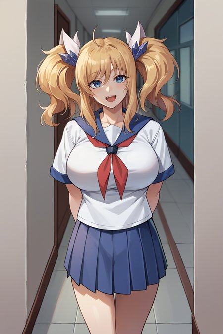 score_9, score_8_up, score_7_up, score_6_up, source_anime, BREAK 1girl, <lora:onizakikirara-pdxl-nvwls-v1-000006:1> onizaki kirara, blonde hair, twintails, hair ornament, white shirt, serafuku, pleated skirt, large breasts, arms behind back, happy, hallway, looking at viewer, short sleeves
