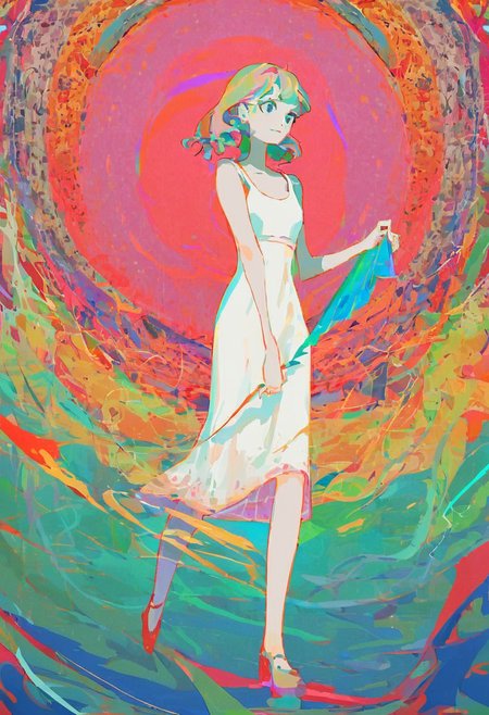 score_9, score_8_up, score_7_up, zPDXL2, detailed background, extremely detailed, concept art, source_anime, small chest, dark theme, low light, solo, easynegative, close up, source_anime, colorful abstract background, lineart_style, 1 girl, white sundress, monochrome, colorful background, joyful, holding skirt, white outline