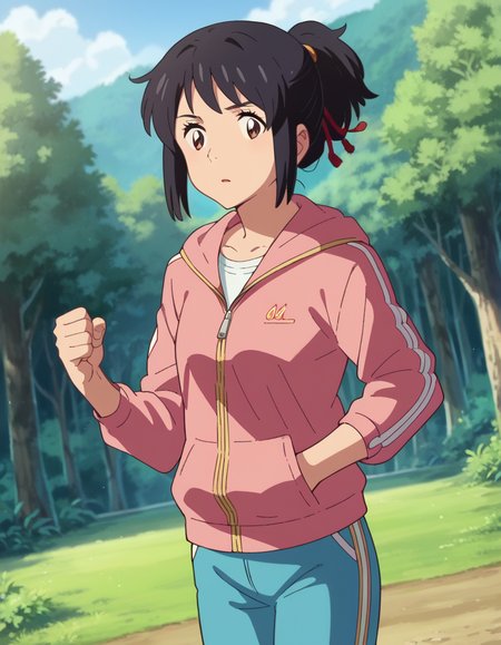 score_9, score_8_up, score_7_up, source_anime,
mitsuhamiyamizu, <lora:mitsuha-miyamizu-ponyxl-lora-nochekaiser:1>,
mitsuha miyamizu, black hair, brown eyes,
medium hair, ponytail, sidelocks, jacket, pink jacket, hoodie, zipper, track pants, blue pants, closed jacket,
outdoors, forest, nature,
looking at viewer, dutch angle, cowboy shot, dynamic pose,