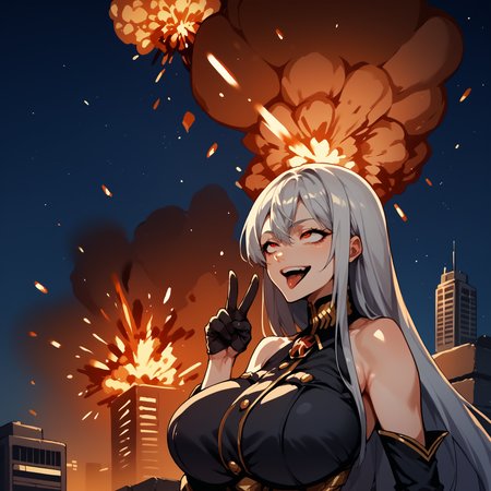 score_9, score_8_up, score_7_up, score_6_up, score_5_up, score_4_up, source_anime, selvaria, very long hair  ,black shirt, bare shoulders, belt, black leggings, detached sleeves, black gloves ,  <lora:selvaria-pdxl-nvwls-v1:1>, ,solo  , huge breasts , ahebomb,night,explosion,  ,warzone <lora:ahebomb_pony:1.2> ,night,upper body , building , smiling , open mouth