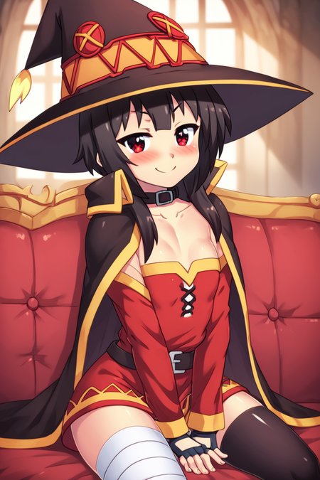 score_9, score_8_up, score_8, medium breasts, (curvy), cute, eyelashes,       BREAK, , BREAK, <lora:konosuba-megumin-s2-ponyxl-lora-nochekaiser:0.7>, megumin, short hair, black hair, red eyes, short hair with long locks, thighhighs, gloves, hat, dress, black gloves, belt, black thighhighs, fingerless gloves, cape, collar, witch hat, bandages, red dress, single thighhigh, asymmetrical legwear, bandaged leg,, ,,, hand between legs, blush, smug,  ,,,  smile, looking at viewer, blush, blurry, couch, sitting,   ,,, <lora:HaseYu_PDXL:0.8>, ,,,, BREAK,  smile, looking at viewer, cowboy shot,  embedding:zPDXL, Expressiveh, <lora:SDXLFaeTastic2400:0.5>,  <lora:Expressive_H-000001:0.4>,
