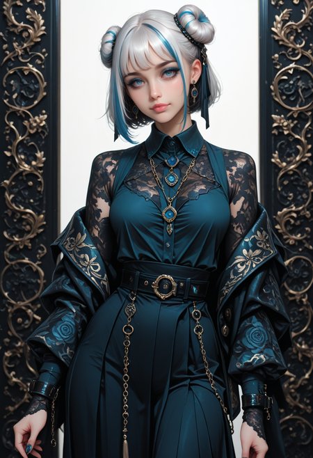 8K, depth of field, dynamic angle, sexy pose, best quality, detailed eyes, perfect eyes, realistic eyes, short hair, white hair, hair bangs, blue highlights, blue eyes, thick eyebrows, black eyebrows, blue eyeshadow, pink lips, full lips, fit body, The woman is attired in an outfit that blends traditional Asian design elements with modern sensibilities. She wears a white, high-collared blouse, the texture of which appears to be fine, and a skirt of a similar shade. A black, wide belt cinches her waist, embellished with a decorative chain that dangles to her lower torso, culminating in a pendant. Over her shoulders, she drapes a dark, ornate jacket with intricate golden patterns along the lapels and cuffs, accentuating the figureâs poise. The overall effect is one of opulence and cultural richness.Her dark hair is styled in a manner that incorporates traditional elements, with two buns placed high atop her head and a cascade of long, loose strands that fall around her shoulders. hair is adorned with intricate hair accessories. The earrings she wears are similarly ornate. nails are painted a dark color.Hanging in the air are multiple strings, perhaps representing a symbolic connection with the dragon or serving as a decorative element. adorned with intricate hanging ornaments, further enhancing the opulence of the composition.The figure is predominantly rendered in shades of black, evoking a sense of mystery and otherworldliness, set against a pale, almost featureless background that accentuates its form, small ass, small breast, realistic breast, , , BREAK, feet_together,  front view, looking at viewer, movie perspective, white background, abstract background, <lora:MoriiMee_Gothic_Niji_Style_Illustrious_r1:0.7> artist:moriimee,  <lora:PowerPuffMixLora:0.5>,  <lora:Detailer_NoobAI_Incrs_v1:1> detailed,
