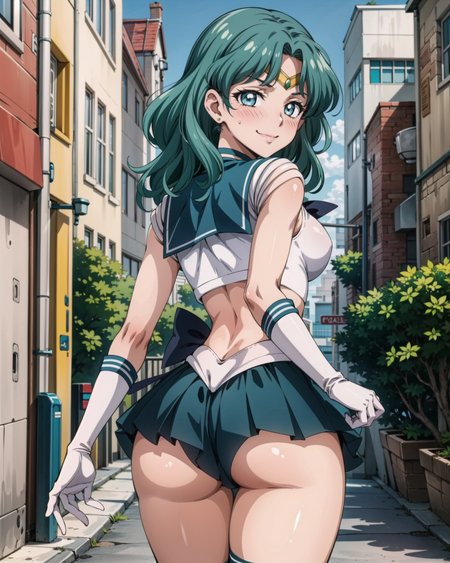bent over, from behind, 1girl, sailor neptune, mature female, aged up, small breasts, aqua eyes, dark green hair, medium hair, (sailor senshi uniform:1.1), (back bow:0.75), white elbow gloves, plead skirt, looking at viewer, alley, (blush:1.2), smirk, ass, , <lora:Kizuki - Sailor Moon - Sailor Neptune:0.8>, <lora:add_detail:0.65>, masterpiece, best quality, perfect composition