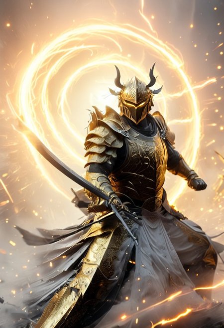 1man, armored samurai in golden samurai armor, wearing samurai helmet and armor,  golden fire, wielding dual swords:1.2, brave perspective, reflection, glowing golden fire, golden lightning shatter, , glowing sword, motion blur, emphasis line, outdoor in the darkness, looking at viewer, katanas