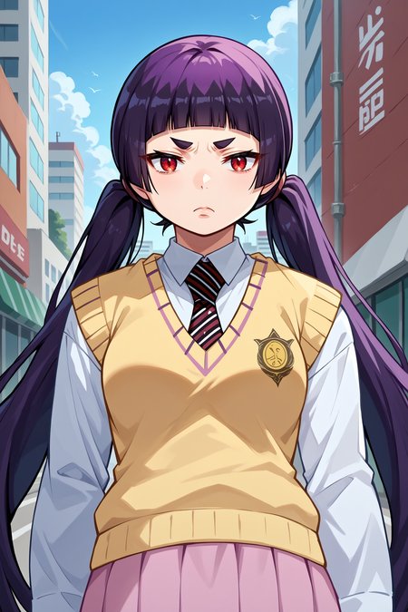 score_9, score_8_up, score_7_up, score_6_up, source_anime, 1girl, solo, <lora:kamikiizumo-pdxl-nvwls-v1-000006:1> izumokamiki, eyebrows, dark purple hair, black hair, low twintails, blunt bangs, red eyes, collared shirt, striped necktie, yellow sweater vest, white shirt, long sleeves, lavender skirt, breasts, looking at you, bored, upper body, portrait, blue sky, city, thighs