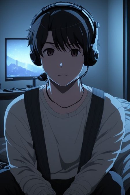 high resolution, solo, best quality, 1Boy, Inaho Kaizuka, Black Hair, gamer, bedroom, night, pc, sit, headset, portrait, OverallDetail