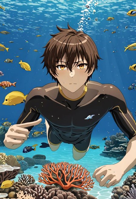 Highres, Masterpiece, High Quality, 4K, 8K, solo, 1Boy, Seiya Kanie, short dark brown hair, golden eyes, sea water, clear, calm, coral reefs, fish, marine life, diving, snorkeling, without snorkel equipment, wet, easynegative, detailed_eye_model