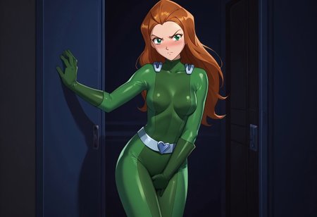 safe_pos, score_9, score_8_up, score_7_up, score_6_up, score_5_up, score_4_up, BREAK, solo, 1girl, sexy, medium breasts, sam \(totally spies\), orange hair, long hair, green eyes, green bodysuit, green gloves, belt, (desperation:0.2), (one hand on crotch:1.5), (leaning on wall:0.4), annoyed, inside of a closet, night, dark background, Low-key lighting, thin legs, long legs, (slender:1.5), (thin:1.5), small waist, thin thighs