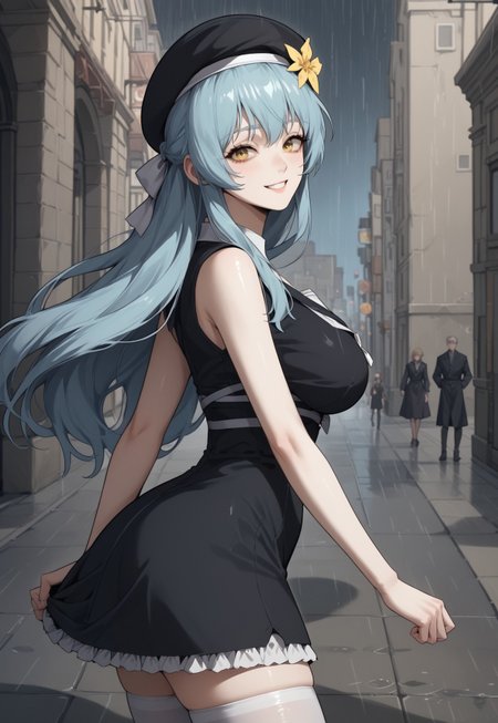 safe_pos, zPDXL2, score_9_up, score_8_up, score_7_up, (Anime_source), high detail face, best quality, absurd res, 1girl, MarietteDunaleff, 1girl, long hair, large breasts, blue hair, yellow eyes, hair ornament, white thighhighs, black dress, jewelry, hair flower, black headwear, beret, smile, looking at viewer, cowboy shot, streets, from side, dutch angle, (medieval city, rainy, storm, night sky)