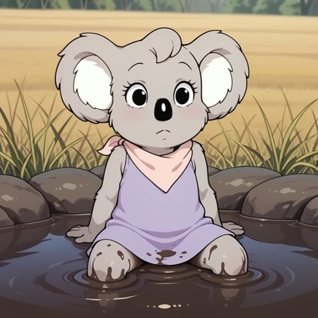 masterpiece, best quality, amazing quality, Nutsybbil, semi-anthro, female, Koala, tan fur, black eyes, purple dress, pink neckerchief, sitting, outside, covered in mud