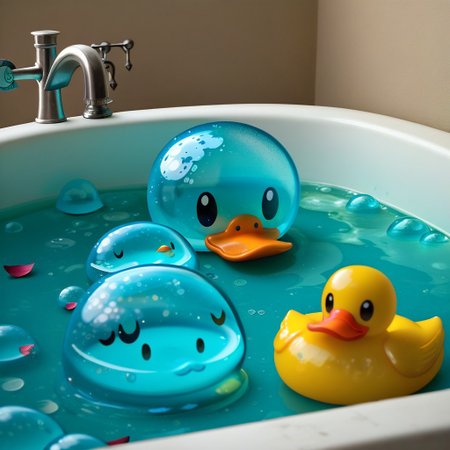 {1rubber duck, 1 rubber duck made out of slime, (slime duck:1.5), yellow slime body, orange slime beak, glossy black eyes, translucent slime rubber duck, transparent slime rubber duck}
hud_sp_bth, flower, petals, water, bath, in an elegant bath tub, bubbles made out of slime, slimes hiding in the bath bubbles, bubble bath, perspective from inside tub, prespective from inside bath, lots of frothy bubbles, 
everything made of slime, No simple background,
((translucent slime)), ((transparent slime)), (bioluminescent slime), sl1m3d, slime, slime-morph, saturated colors, no humans, no people, no man, no woman,