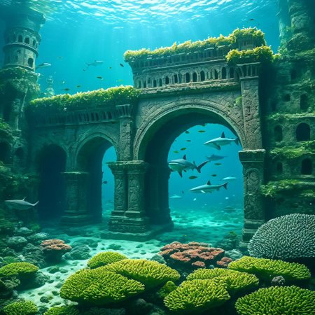 **amazing digital artwork** depicting an underwater fantasy landscape where sharks is chasing fish swarm crowded underwater castle life Coral's under plants with long leaves entrance to secret garden, tiny fishes  shadow of warrior. The scene unfolds in a dreamlike realm, where the **ruins of ancient civilization** emerge from the depths. This ancient underwater civilization is captured in stunning detail, with **coral-covered columns** and **stone arches** that hint at its former glory. The artwork should convey a sense of mystery and timelessness, inviting the viewer to explore the **sunken secrets** of this once-majestic city."
This picture is designed to inspire the creation of a captivating and immersive underwater scene, rich with the lore of Atlantis. dark, chiaroscuro, low-key, catastrophe, ruined, collapsed, flooded