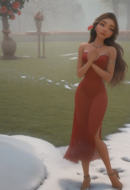 em5588, best illustration, illustration, masterpiece, best quality, ultra-detailed, photo of beautiful woman ,seductive, red dress. ,in the park,  flowers, Spring, ((snow and flowers, masterpiece)) (best quality) (detailed) (8k) (HDR) (wallpaper) (cinematic lighting) (sharp focus) (intricate)