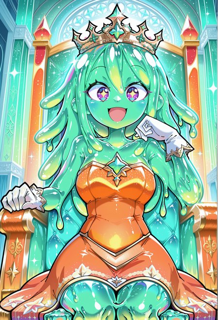 (Funset), masterpiece, best quality, high quality, intricate, 
1girl, (slime girl), monster girl, slime \(substance\), green hair, purple eyes, sparkling eyes, (core, chest jewel),  solo, medium breasts,
(pastel green theme:1.2), green iridescent, princess, iridescent (orange puffy gown), orange princess dress, (gold trim), iridescent gloves, white gloves, iridescent crown, mini crown, happy, smile, open mouth,
indoors, (iridescent palace, iridescent throne, iridescent throne room), (sparkles, sparkling iridescent), sharp focus, (glossy iridescent clothing, glittering iridescent fabric), (embroidery, embroidered dress, embroidered gloves, embroidered crown:1.2),
cowboy shot, sitting on throne, arm rest, no ears,
highly detailed, majestic, movie still, hard light, circular polarizer, colorful, wallpaper, cartoon