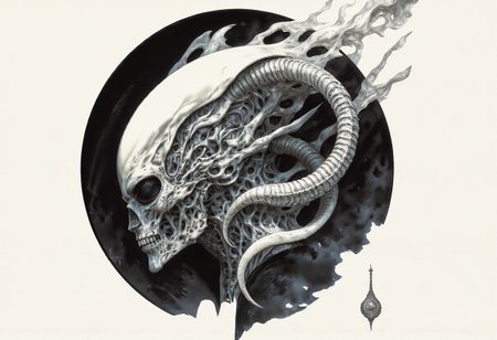 The image features an abstract representation of a skull intertwined with mechanical elements, showcasing a fusion of organic and mechanical forms. The skull has a ghostly, x-ray-like appearance, encased in a transparent, bubble-like structure that emphasizes its intricate details. The contrast between darker and lighter areas creates depth and movement, evoking themes of technology and humanity. The piece, signed “Clear Note” in a subtle script at the bottom right, seamlessly blends anatomical and industrial designs.
To incorporate a Xenomorph element into the image, consider adding elongated, biomechanical features characteristic of the creature, such as:
1. **Head Shape**: Alter the skull to feature a more elongated, sleek profile resembling the Xenomorph's distinct head shape.
2. **Texture**: Introduce a glossy, chitinous texture reminiscent of the Xenomorph's exoskeleton on parts of the skull and spine.
3. **Tail**: Add a segmented tail extending from the base of the skull, curling around the mechanical components.
4. **Eyes**: Replace traditional eye sockets with smooth, reflective surfaces to mimic the alien's dark gaze.
5. **Biomechanical Integration**: Blend alien-like limbs or appendages that appear to merge with the existing skeletal and mechanical structures.
This composition would maintain the abstract style while enhancing the eerie, alien atmosphere central to the Xenomorph design.